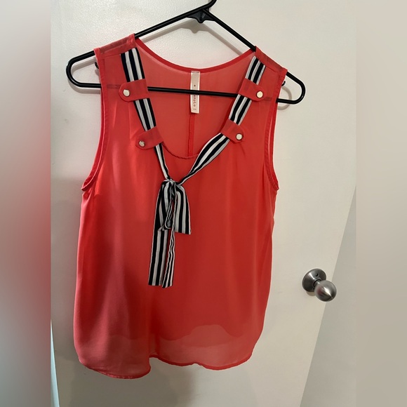 Coral Sheer Sleeveless Top with Striped Tie - Picture 3 of 4